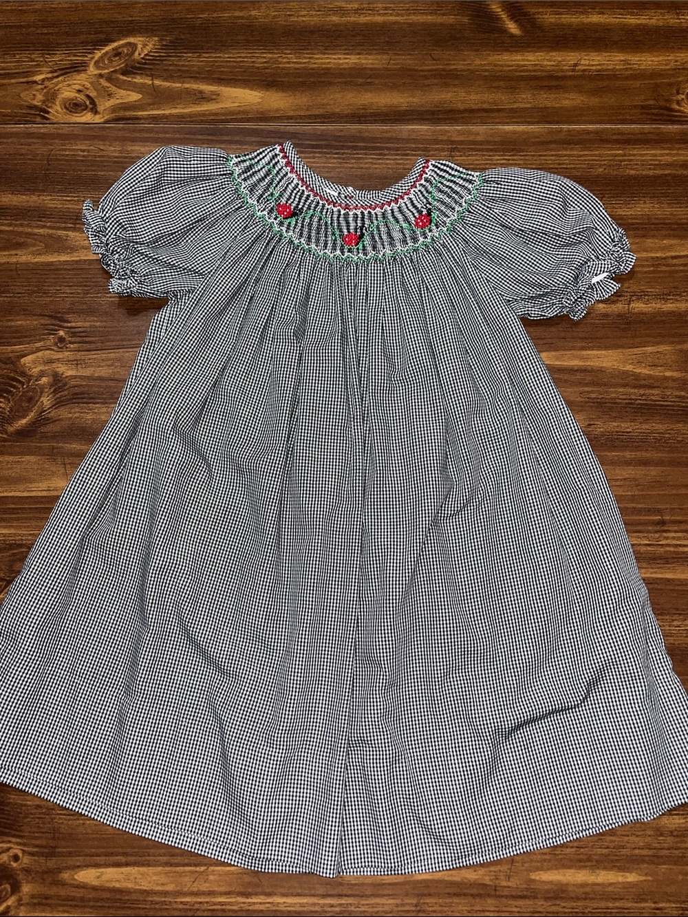 Black and White Gingham Smocked Dress with Red Floral Accents size 4